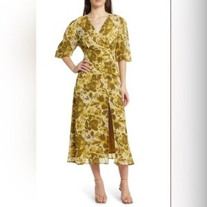 Chelsea28 Forget Me Not Gathered Waist Midi Dress Olive Floral Women’s Medium